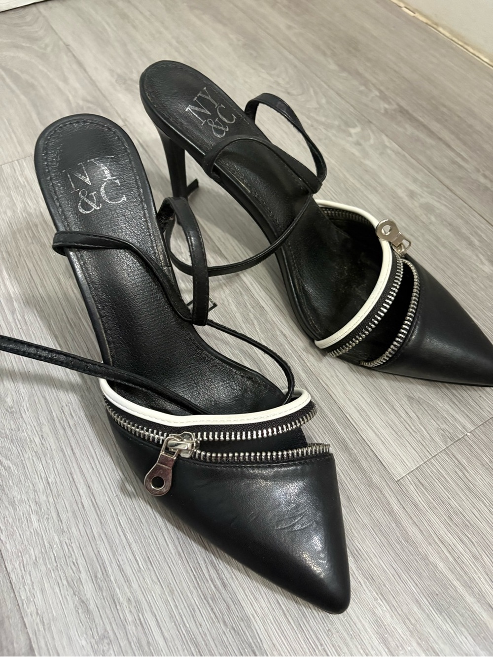 New York & Company Black Pointed Zip-Trim Strappy Heels